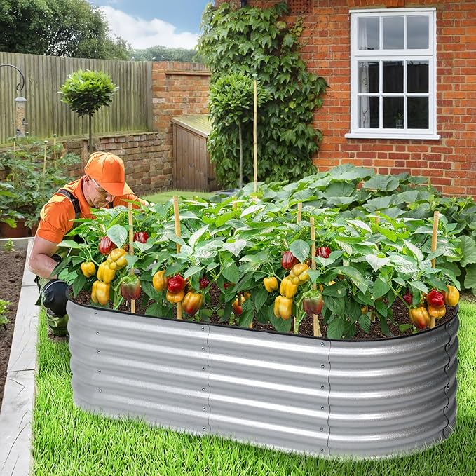 Aoodor 5 x 2 x 1.5 ft Oval Galvanized Raised Garden Bed Kit, 4-in-1 Large Metal Outdoor Planter Box for Vegetables, Flowers, and Herbs, 17" Tall, Silver