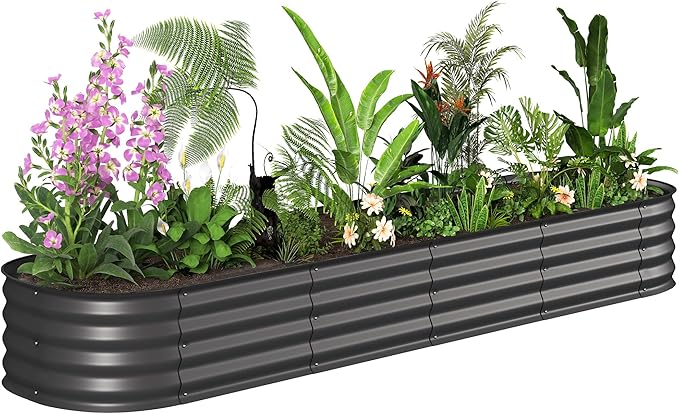 Outsunny 8' x 2' x 1' Galvanized Raised Garden Bed Kit, Outdoor Metal Elevated Planter Box with Safety Edging, Easy DIY Stock Tank for Growing Flowers, Herbs & Vegetables, Dark Gray
