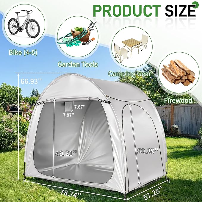 VINGLI Bike Storage Tent for 4-5 Bikes with Carry Bag, Portable Bicycle Storage Shed Waterproof with Window, Bike Tent for Motorcycle,Garden Tools,Lawn Mower (Light Grey, 6.8x4.9 FT)