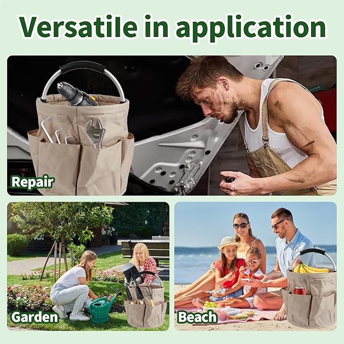Gardening Storage Tote with Handle and 6 Pockets, Folding Garden Tool Basket, Storage Bag for Outdoor Picnic Organizer, 17L Cleaning Organizer, Bathroom Organizer, Garden Tool Kit Holder (Khaki)