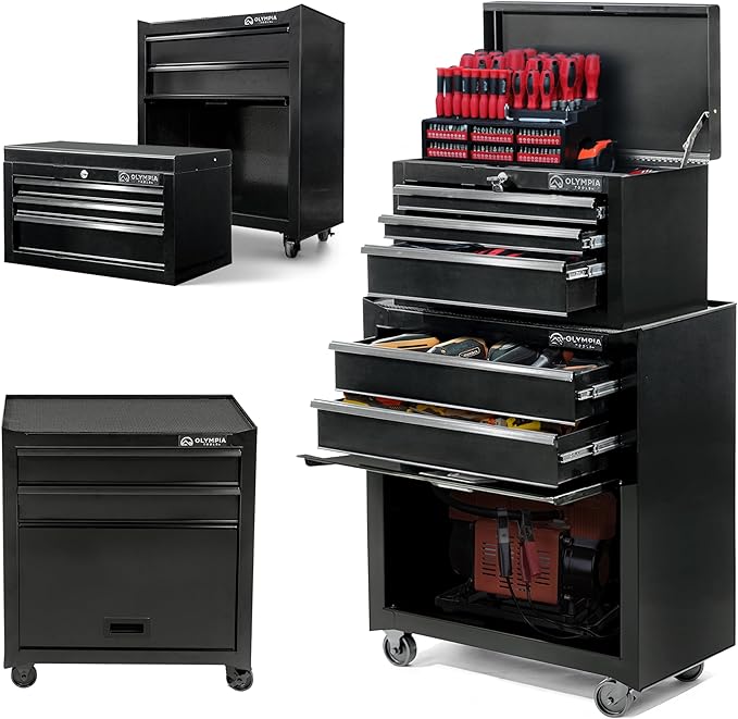 Olympia Tools Tool Chest Cabinet with Drawer - Tool Box with Ball Bearing Fully Extendable Drawers Garage Storage Tools & Equipment (26.5IN Combo Rolling Tool Chest)