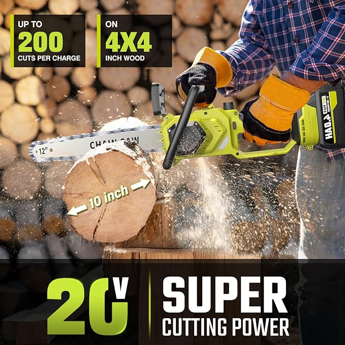 12 In Electric Chainsaw Cordless, 20V Battery Chain Saw with 2x4.0Ah Li-ion Batteries, 2 x Chains, with Tool-free Chain Tension, Auto Oiling for Wood Cutting, Tree Trimming and Branch Pruning