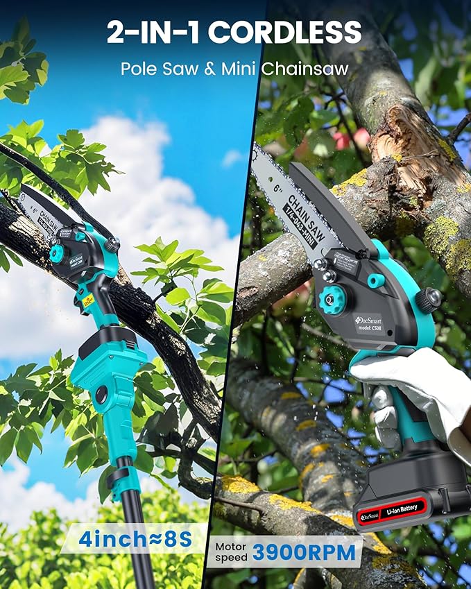 Pole Saws for Tree Trimming, 6" Brushless Mini Chainsaw Cordless with Extension Pole 2 Batteries, Electric Hand Held Chain Saw & Pole Pruner for Trimming Tree Limbs, Gardening Gifts for Father's Day