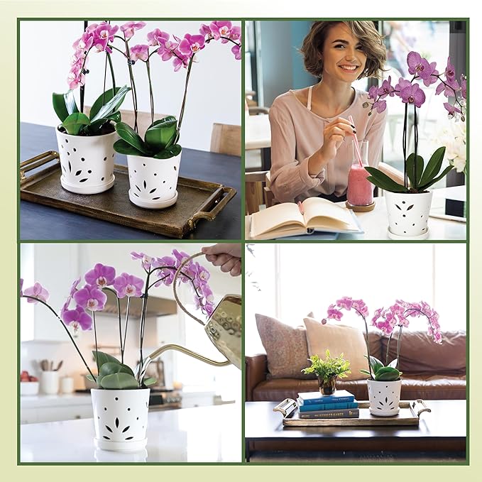 Atri Ceramic Orchid Pots with Holes–5.25in Modern Porcelain Indoor Orchid Planter–Drainage Hole–Small Orchid Pot for Repotting–White Orchid Pot with Holes