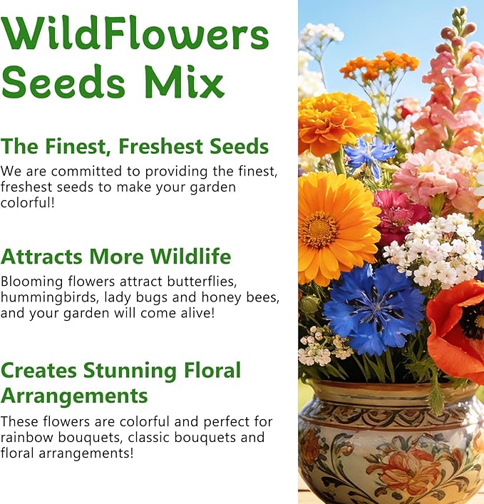 LUOJIBIE Wildflower Seeds Bulk, 10,000+ Flowers Seeds for Planting Outdoor, 16 Varieties Annual & Perennial Flowers Seeds Mix Color for Garden, 2 Oz Packet, Non-GMO, Attracts Pollinators, Easy to Grow