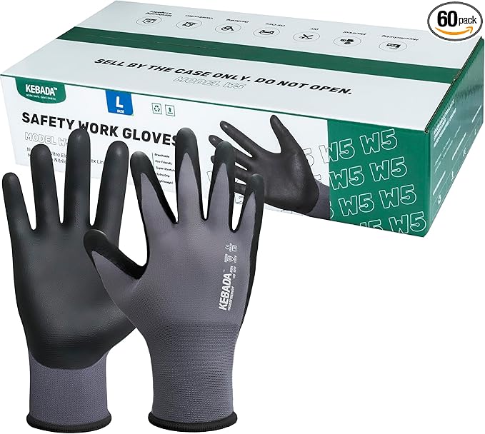 Kebada W5 Work Gloves Bulk Pack (60 Paris), Foam Nitrile Coated Working Gloves with Grip, Ultra Stretchable Spandex Knit Gloves for Gardening and Light Duty Mechanic Work, X-Large (Made in Vietnam)