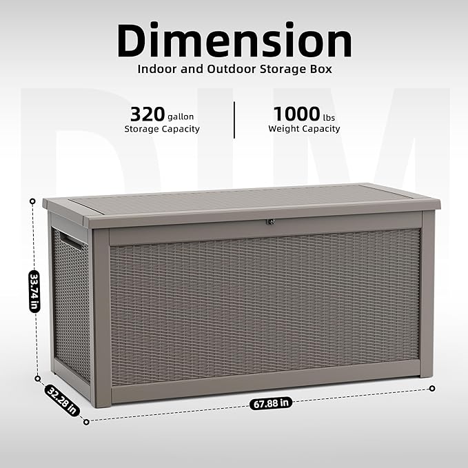 ROJIK 320 Gallon Waterproof Outdoor Deck Storage Box, Lockable Resin Patio Storage Bin with Lid for Garden Tools, Patio Cushions & Outdoor Accessories(Grey)