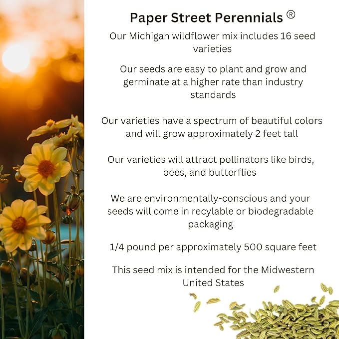 Michigan Bulk Perennial Wildflower Seed Mix 1lb Covers 2,000sq-ft - Attract Pollinators, Multi-Color Blooms - Midwest US Species Plant in Spring/Fall - Earth-Friendly Packaging (1/4 Pound)