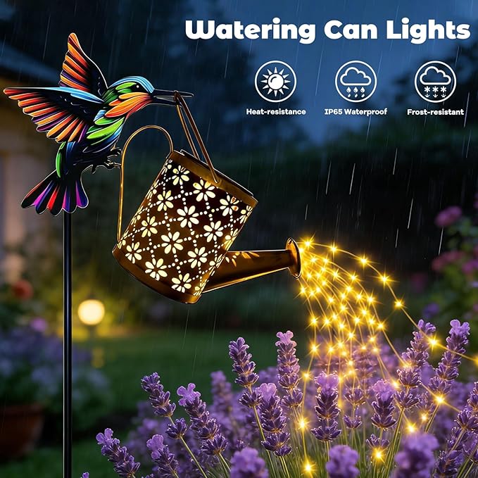 Solar Watering Can Lights, Waterproof Garden Lanterns with Shepherd Hook, Butterfly Hanging Lanterns Decor for Patio Yard Lawn Walkway, Perfect Gardening Gift for Women Mom Grandma (Hummingbird-B)