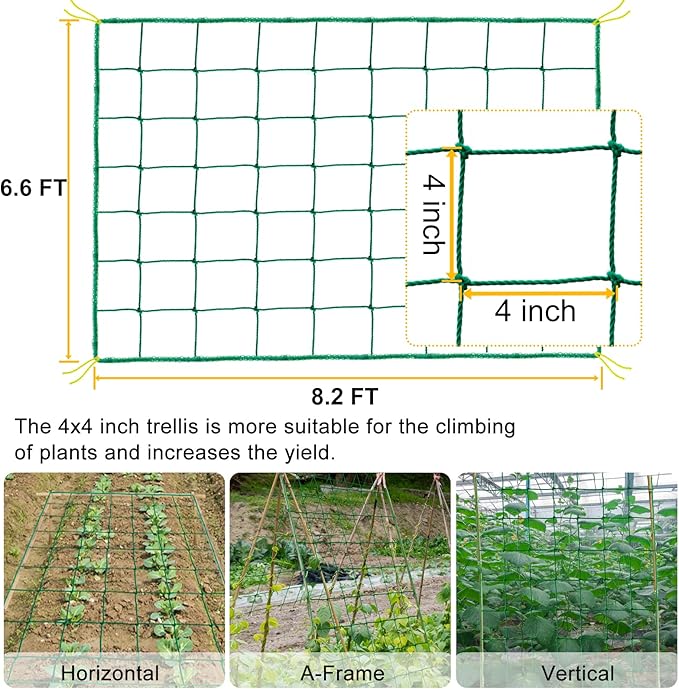Garden Trellis Netting for Climbing Plants Outdoor, 6.6x8.2 FT Plant Netting for Cucumber, Tomato, 27 Strands Trellis Net with 4x4 Inch Mesh as Vegetable Netting for Grape, Bean, w/Plant Clips