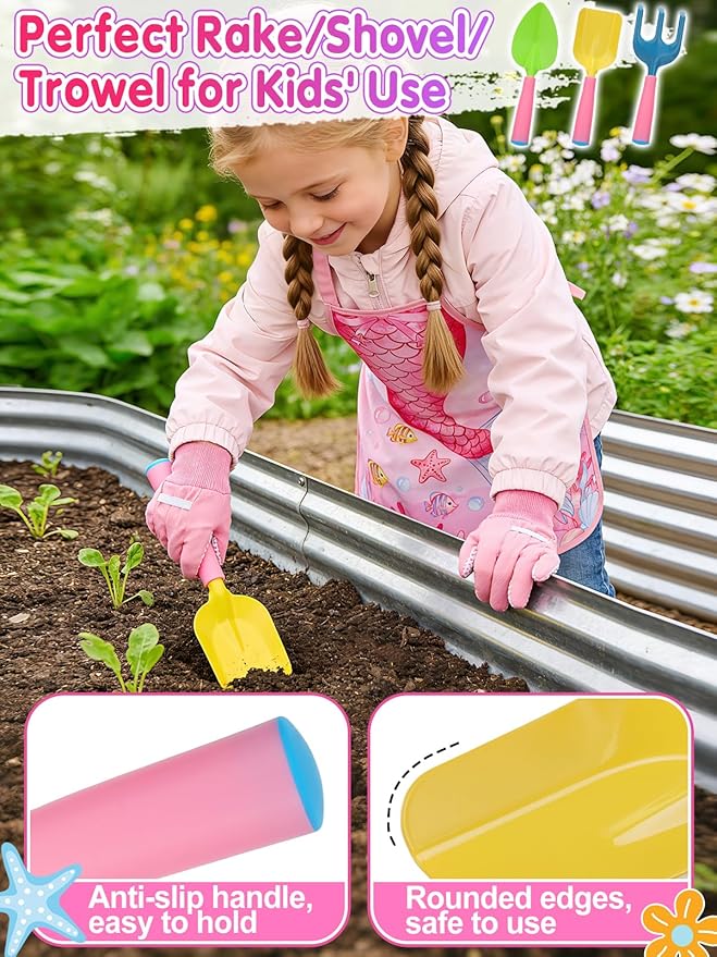Kids Gardening Tool Set - Garden Tools for Kids with Shovel Trowel Rake Apron Gloves Watering Can and Tote Bag, Outdoor Toys Great Gifts for 3 4 5 6 7 8+ Years Old Girls (Downward Mermaid Tail)