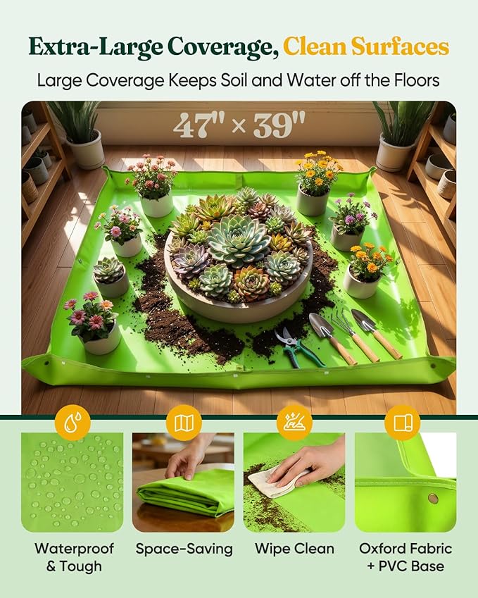 Genebo 7-Piece Gardening Tools Set, Gift for Women, Beginners, Tools Kit with Plant Repotting Mat & Tool Bag, Stainless Steel Gardening Hand Tools for Indoor Transplanting, Succulent Bonsai Plants