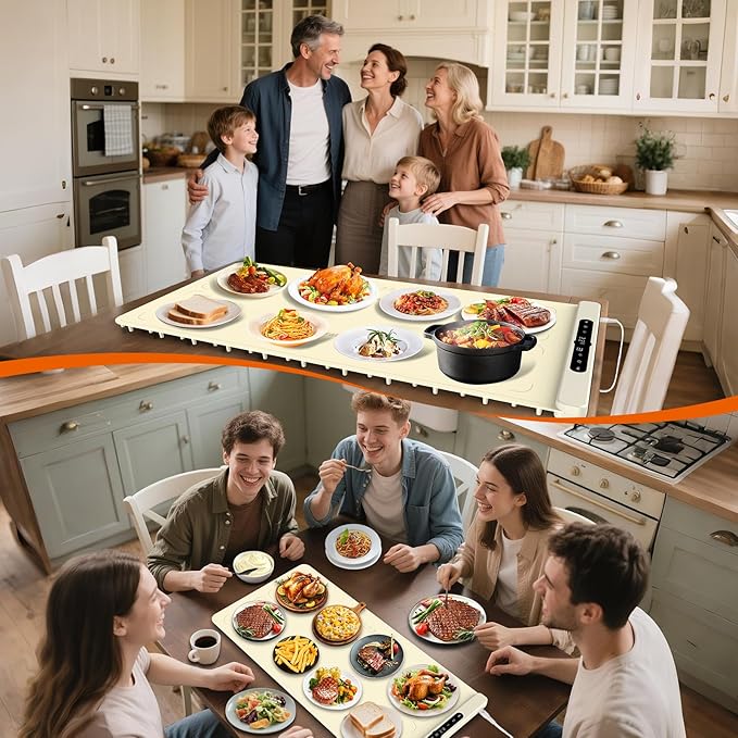 Graphene Warming Mat for Food with Dual Zone Control | XXL 36"x17" Electric Heating Tray | 6 Temp & Timer Settings | Food Warmer for Parties Buffets | Ideal Kitchen Gift for Mom & Wife (Beige)