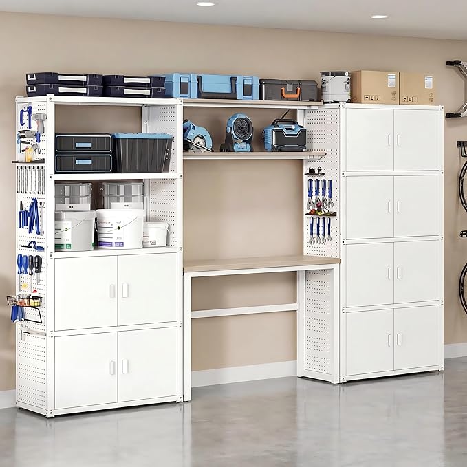 FLEXIMOUNTS Garage Storage Cabinet System, 3-in-1 Modular System with Integrated Workbench, Cabinets & Pegboard, 24-Gauge Steel, 117" L, 6-Door Cabinet for Garage Workshop, White, FLEXIMOD Series