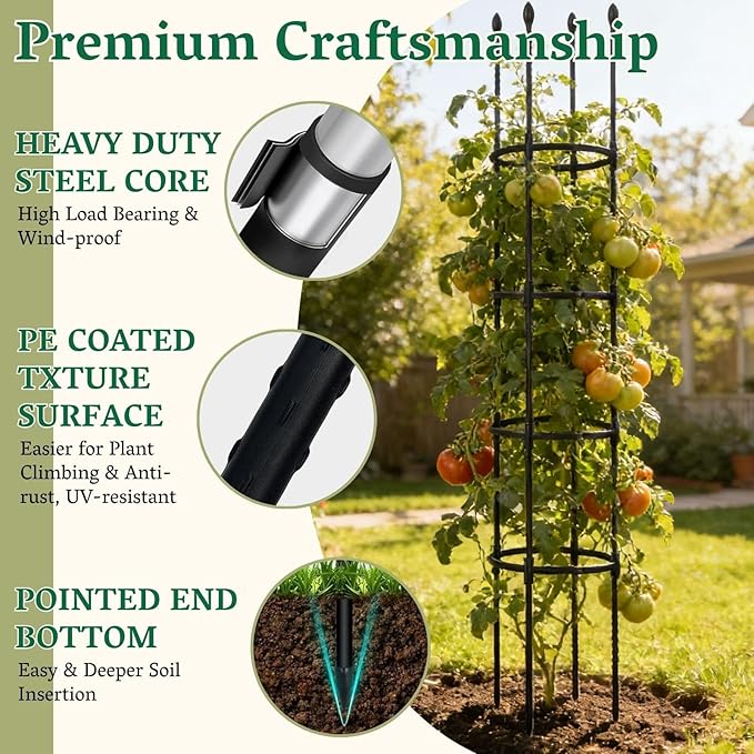 2 Pack Tomato Cages for Garden | Heavy Duty Rustproof Round Tomato Cage | 63 Inch Steel Core Plastic Coated Garden Trellis Plant Support for Tomato, Cucumber, Beans, Flower, Vegetable Indoor Outdoor
