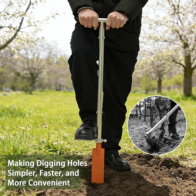 Dibble Bar Planting Tool with Foot Pedal, Sturdy Construction Tree Planting Bar with Stainless Steel Pole, T-Handle Dibbler Gardening Tool Digging Bar Long Triangle