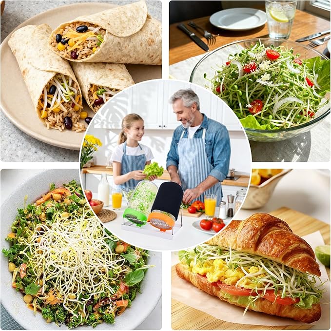 Seed Sprouting Kit with Radish 80g, 2 Large Wide Mouth Mason Jars with Sprout Lids, Blackout Sleeves, Drain Tray, Stainless Steel Stand, Sprouts Growing Kit for Growing Bean Alfalfa Sprout Seeds