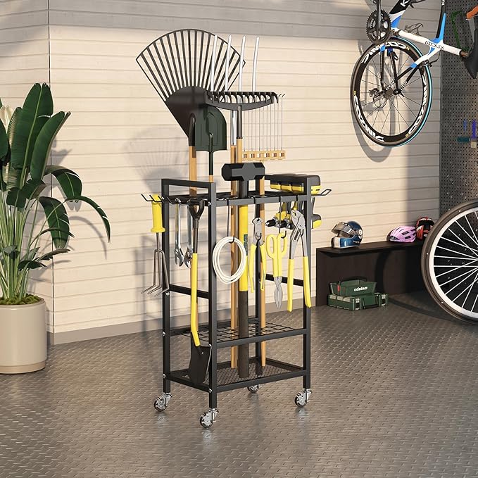 Garden Tool Organizer Garage Storage: Power Tool Organizer Shelving Tool Holder Drill Rack Shelf Rolling Cart Tool Chest Box with Wheels Gift for Men Dad