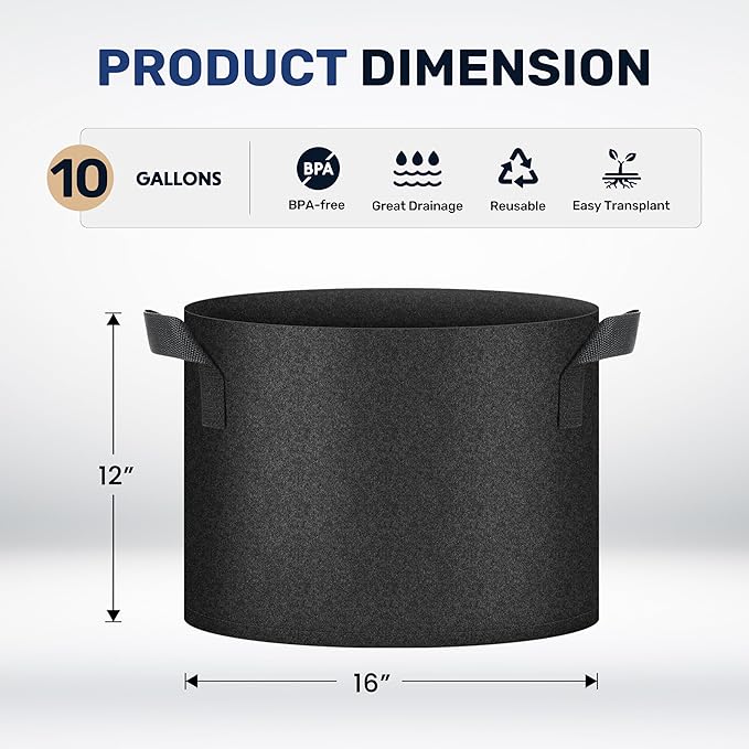 Simple Deluxe Grow Bags 10 Gallon 10 Pack Planter Pots with Handles, Thickened Nonwoven Fabric Aeration Cloth Bag, Heavy Duty Gardening for Tomoato, Potato, Vegetable, Herbs and Flowers, Black