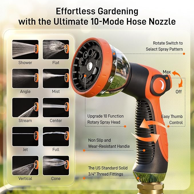 Garden Hose, 100ft 5/8" Heavy Duty Rubber Water Hose w/ 10-Mode Spray Nozzle, 550 PSI Burst, 360° Anti-Kink Swivel Connectors, All-Weather Flexible, Leakproof 3/4" Brass Male to Female Fittings