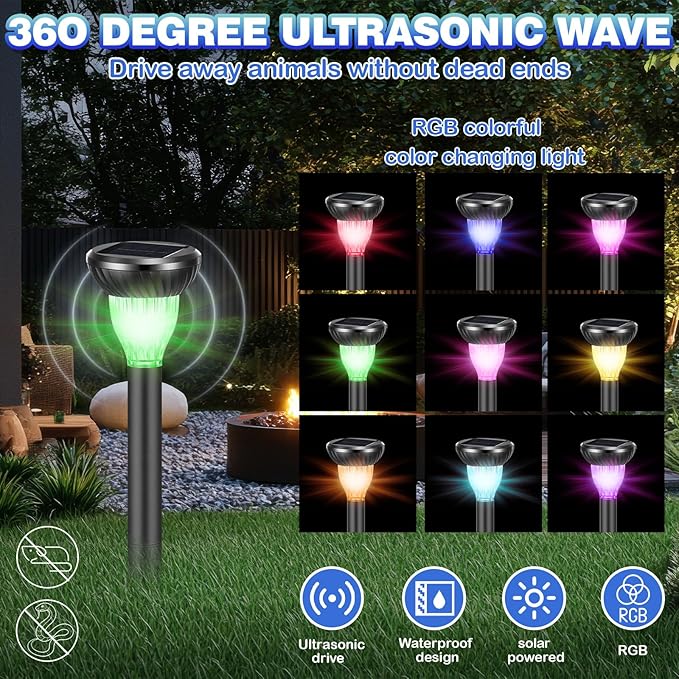 4 Pack Solar Ultrasonic Animal Repellent with RGB Color-Changing Lights, 360° Sonic Pest Deterrent for Outdoor Lawn & Garden, Solar Powered Mole, Gopher & Snake Repellent Stakes