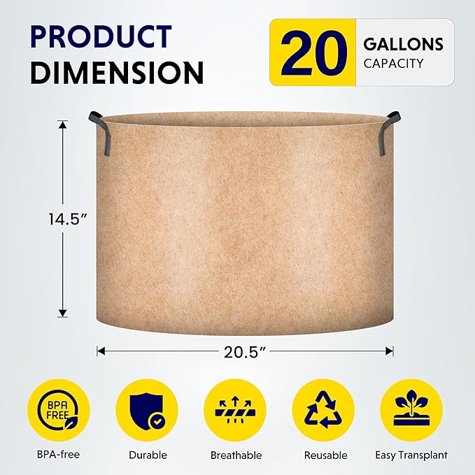 iPower 20 Gallon 10 Pack Grow Bags Nonwoven Fabric Pots Aeration Container with Strap Handles for Garden and Planting, 10-Pack Tan, 20 Gallon