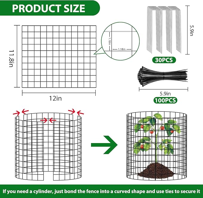 30 Pcs 11.8 in x12 in Wire Plant Protector Cages - Chicken Wire Cloche Animal Barrier, Metal Mesh Plant Cage with Stakes and Ties for Raised Bed Vegetables, Flowers, Shrubs & Plants