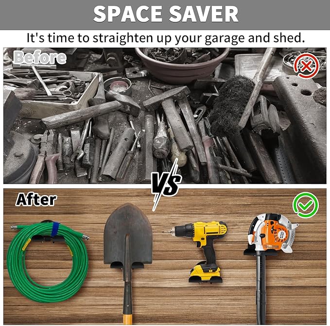 Upgraded Trimmer Rack Wall Mount - 8" Heavy Duty Weed Eater Hanger for Garage Wall, Garden Power Tool Holder Organizer Hooks for Grass Trimmer, Hedge Trimmer, Leaf Blower and Chainsaw, Black, 4 Pack
