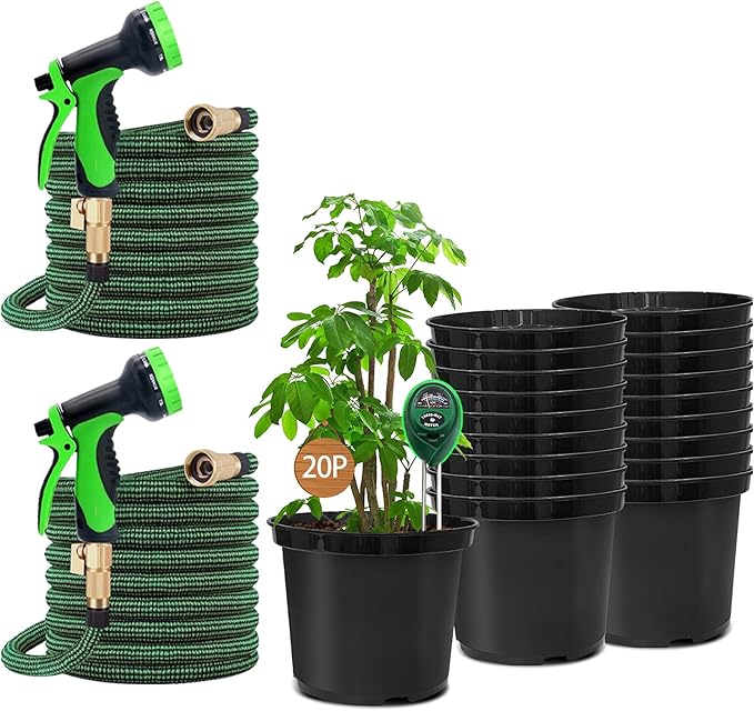 RooTrimmer 5 Gallon Nursery Pots (20-Pack) + 50ft Garden Hose with Spray Nozzle 2P + 3-in-1 Soil Tester 2P for Moisture/Light/pH | All-in-One Gardening Kit for Indoor/Outdoor Plants