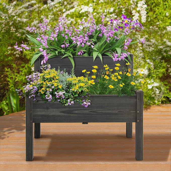 RELAX4LIFE 2-Tier Raised Garden Bed - Fir Wood Garden Elevated Planter Box with Legs, 8 Drainage Holes,220 Capacity for Growing Vegetable, Elevated Garden Bed for Outdoor Yard Patio Balcony (Gray)