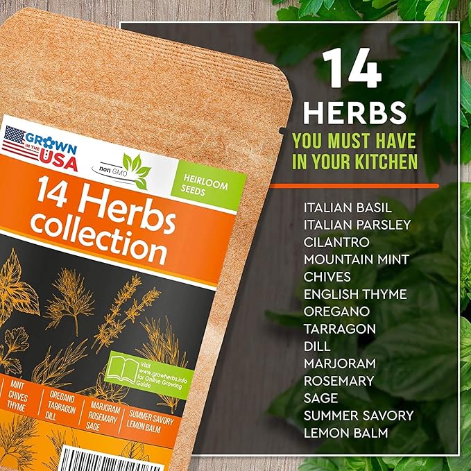 14 Culinary Herb Seeds Pack - Heirloom and Non GMO, Grown in USA - Indoor or Outdoor Garden - Basil, Parsley, Dill, Cilantro, Rosemary, Mint, Thyme, Oregano, Marjoram, Tarragon, Chives, Sage & More