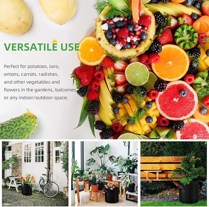 24 Pack 10 Gallon Plant Grow Bags, Thickened Nonwoven Fabric Pots with Handles, Vegetable Planter Bags Containers, Cloth Planters for Garden Vegetable/Flower/Plant/Fruits Outdoor (Black)