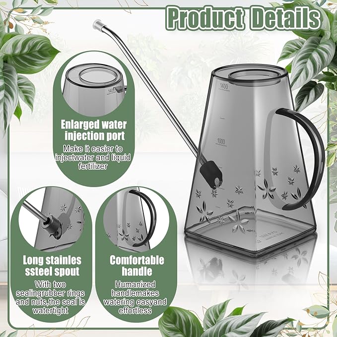 Indoor Plants Watering Can for Indoor Plants Long Probe Soil Moisture Meter Long Spout Watering Cans Water Monitor Indicator for Pot Flower House Gardening Farming(Gray,1.4 L,Trapezoid)