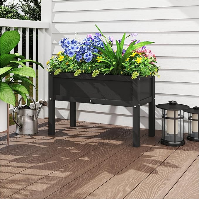 Small HDPE Raised Garden Bed, Elevated Planter Box with Legs, Outdoor All-Weather Planter Raised Beds for Seeds, Herbs, Flowers, Vegetables (Black)