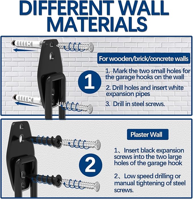 3-H Garage Wall Hooks Heavy Duty 8 Pack, Anti-Slip Steel Wall Mount Storage Hooks for Hanging Ladder Garden Yard Tools, Utility Organizer for Garage Lawn Shed(Black)