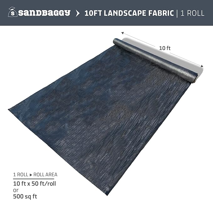 Sandbaggy 10 FT Extra Wide Landscape Fabric | 40 Year Fabric | Weed Mat, Ground Cover, Garden Tarp | Industrial Grade | 135 Lbs of Tensile | UV Protected | DOT Approved (1 Roll - 10 ft x 50 ft)