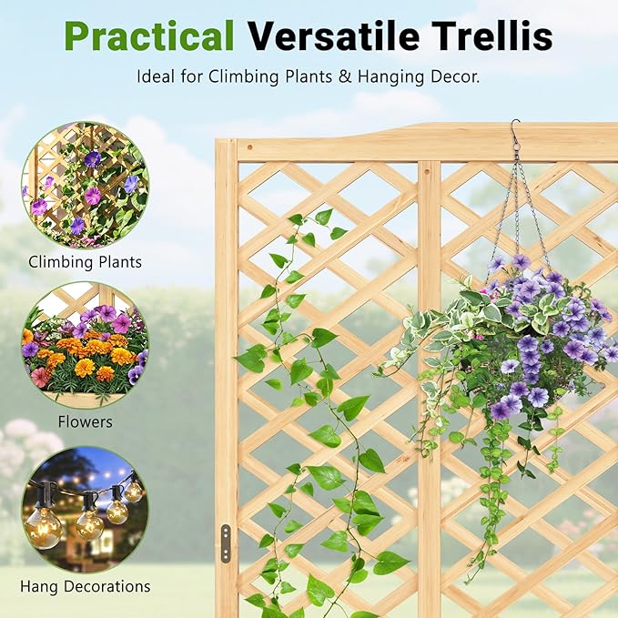 DoCred Raised Garden Bed with Trellis, 44" L x 16" W x 59" H Freestanding Elevated Planter Box for Climbing Plants, Outdoor Wooden Privacy Screen with Garden Box for Backyard Patio Balcony Decor
