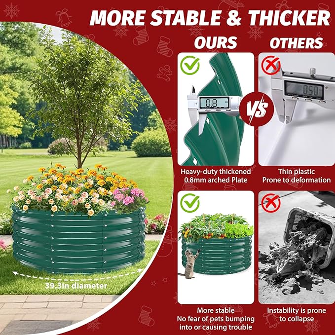 16 Inch Tall Heavy-Duty Round Steel Rised Garden Bed – Wave-Shaped Design Galvanized Metal Planter Box for Vegetables Flowers Succulent at Patio/Garden Outdoor (Green, 40" Diameter X 16" Tall)
