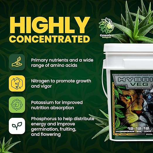 GreenGro Hybrid Veg, Water-Soluble Fertilizer for Plants, Highly Concentrated Liquid Plant Food for Indoor & Outdoor Gardens 12-12-12 6lb