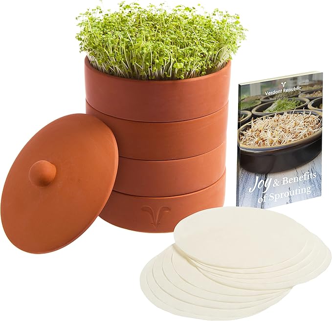 Clay Sprouter Kit | Terracotta Tower with 3 Shallow Germinating Trays, Paper Discs & Free E-Book | 2 in 1 Sprouting Trays Ideal for Germinating Sprouts and Microgreens