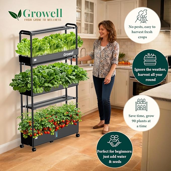 90-Pod Hydroponics Growing System, Large Vertical Hydroponic Garden with Smart Full-Spectrum Grow Lights, Auto Circulating Water, Mobile Indoor Gardening System for Herbs, Vegetables & Fruits