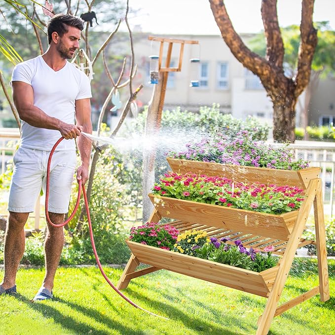 3-Tier Raised Garden Bed, Elevated Gardening Bed w/2 Side Hooks, Storage Shelf, Bed Liner, Garden Planter for Flowers, Vegetables, Herbs, Pine Wood Planter Box for Patio, Balcony, Porch