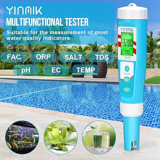 pH Chlorine Meter, Digital ORP Meter, Salinity Tester for Saltwater Pool, pH PPM EC Monitor for Hydroponics, SPA 7 in 1 pH Test Kit