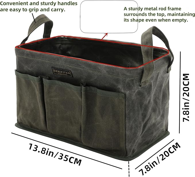 3-Pack Waxed Canvas Tool Bag Set, 13.8 x 7.8 x 7.8 Inches, Rectangular Waxed Canvas Fabric Collapsible Tool Bag with Handles, 3 Colors: Khaki, Black and ArmyGreen