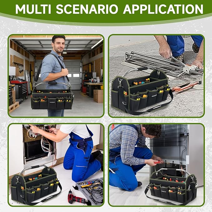 20In Electrician Tool Bag, Foldable Bags For Men Heavy Duty, Open Top Tool Tote, 30 Pockets Can Hold Many fittings, Organizer Stainless Steel Handle and Removable Shoulder Strap