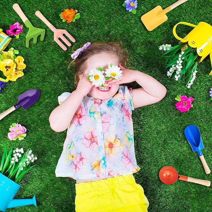 6 PCS 8" Kids Gardening Tools, Metal Beach Sandbox Digging Toys with Sturdy Wooden Handle, Safe Backyard Snow Sensory Playset Including Cylinder, Spoon, Fork, Rake, Flat & Pointed Shovels for Children