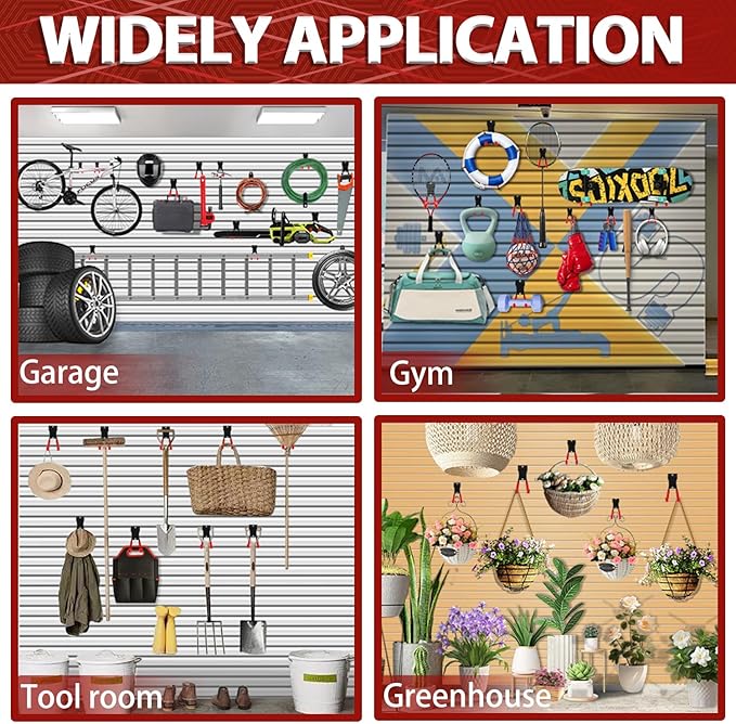Slatwall Hooks 14PC, Slatwall Accessories, Slat Wall Hanging Hooks and Hangers 5 Sizes with Extension Cord Organizer, Proslat Accessories for Organizing Garden Tools(red)