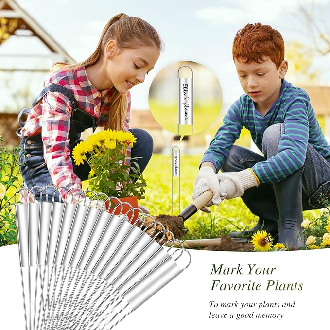 LEIFIDE 61 Pieces Zinc Plant Tags Kit, 30 Pcs 10 Inch Rectangle Metal Plant Labels, 30 Rainproof Pet Films, 1 Marker Pen, Reusable Garden Waterproof Markers Tags(U Shape)