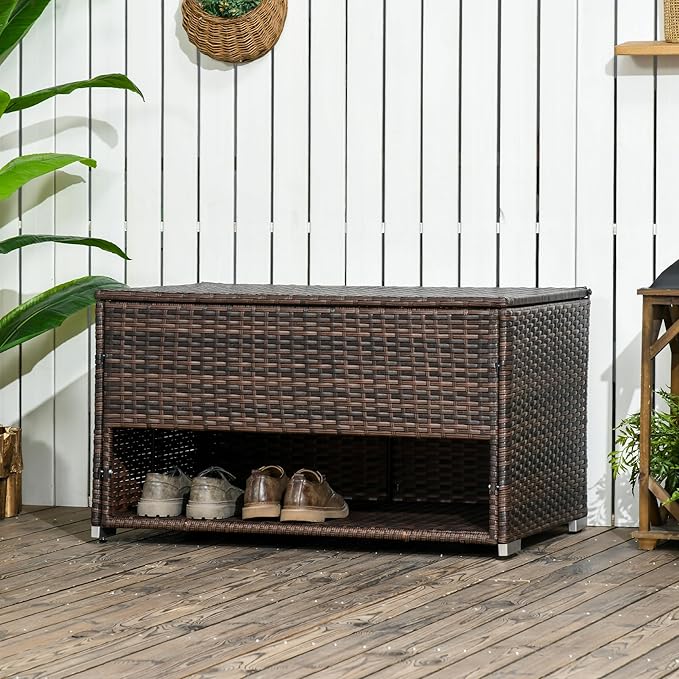 Outsunny Outdoor Deck Box and Shoe Storage, PE Rattan Wicker Towel Rack with Liner for Indoor, Outdoor, Patio Furniture Cushions, Pool, Garden Tools, Brown