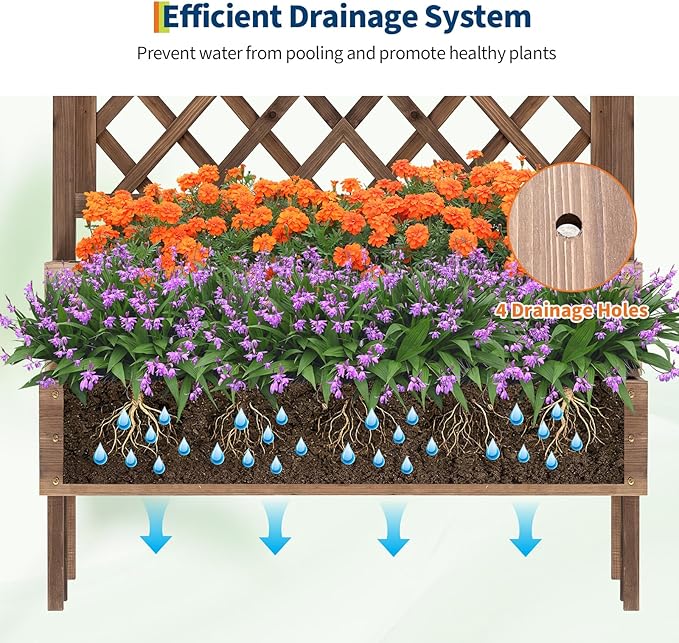 Garvee Raised Garden Bed with Trellis, 2-Tier Outdoor Wooden Elevated Planter Box with Legs & Drainage Holes, Vertical Planter Box Stand for Backyard, Patio, Balcony, Brown